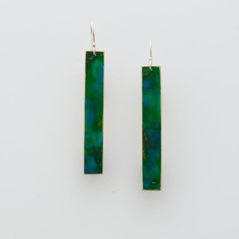 Brass and enamel earrings with sterling silver ear wires. Length 5cm
